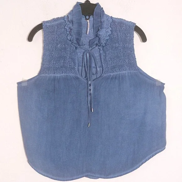 Free People Ruffle Me Up Tie Smocked Sleeveless Blouse Blue Women's Size S - Picture 3 of 9